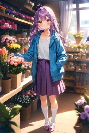 masterpiece, best quality,(1girl), solo,(depth of field),(solo focus),8K,HDR,(ultra high res),(highres),(full body),(lens flare),smiles,blush,(closed mouth),(KJOANKO),(ahoge),(bangs),(purple hair),(long hair),(purple eyes),(blue jacket),(open jacket),(white shirt),(collarbone),(purple skirt),(white socks),(pink footwear),(flats),(standing),(indoors),curtains,(flower shop),(shop),(holding bouquet),florist,(loaded interior),(potted plant),(flower),vase,wreath,