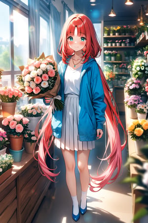 masterpiece, best quality,(1girl), solo,(depth of field),(solo focus),8K,HDR,(ultra high res),(highres),(full body),(lens flare),smiles,blush,(closed mouth),(nilou),(red hair),(nail polish), (aqua eyes), (very long hair), (low twintails),(collarbone),(necklace),(blue jacket),(open jacket),(pink shirt),(white skirt),(white socks),(blue footwear),(flats),(standing),(indoors),curtains,(flower shop),(shop),(holding bouquet),florist,(loaded interior),(potted plant),(flower),vase,wreath,