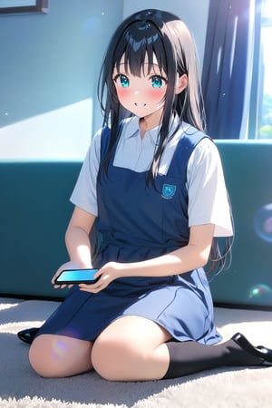 masterpiece, best quality,(1girl), solo,(depth of field),(solo focus),8K,HDR,(ultra high res),(highres),(full body),(lens flare),smiles,blush,(black hair), (long hair),(aqua eyes),(floating hair), sidelocks,(malaysian secondary school uniform),(schoollogo),(school's logo on right side (pinafore dress)),(aqua blue skirt),(blue pinafore),(collared shirt),(white shirt),(short sleeves),(black socks),(black footwear),(ballet flats),(sitting on couch),(indoors),(holding the smartphone),(living room),curtains,window, carpet,shelf,