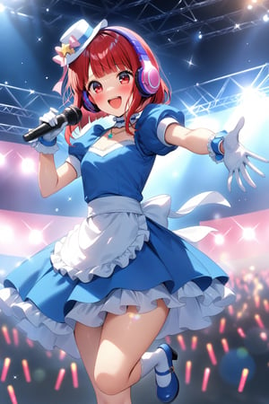 masterpiece, best quality,(1girl), solo,(depth of field),(solo focus),8K,HDR,(ultra high res),(highres),(full body),(lens flare),smiles,blush,(Kana-XL),(medium hair), (red eyes), (red hair),(blunt bangs),(top hat),(
hat bow),(idol clothes),(white bowtie),(blue dress),(frilled choker),(pink ribbon),(puffy short sleeves),(wrist cuffs)(white apron),(white gloves).(necklace),(white sock), (blue footwear),(mary janes),(pink headphones),(outdoors),(holding microphone),music, singing,(stage),(stage lights),(star (sky)),sparkle,(scaffolding),(standing),audience,glowstick,(outstretched arm),(feet out of frame),(leg up),