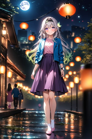 masterpiece, best quality,(1girl), solo,(depth of field),(solo focus),8K,HDR,(ultra high res),(highres),(Exquisite visuals),(narrow waist),(full body),(lens flare),smiles,blush,(nice hands), (perfect hands),((absurdres)),Firefly,(parted bangs),(purple eyes),(grey hair),(gradient hair),(hair intakes),(long hair),(black hairband),(leaf hair ornament),(black ribbon),(hair between eyes),(blue jacket),(pink shirt),(purple skirt),(white socks),(pink footwear),(flats),(digital watch),outdoors,(paper lantern),walking,park, cityscape,river,lamppost,(night sky),(star \(sky\)),(full moon),(culture),