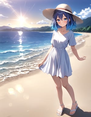 masterpiece, best quality,(beautiful detailed eyes),(1 girl), solo,(depth of field),(solo focus),8K,HDR,(ultra high res),(Exquisite visuals),(perfect lighting),(narrow waist),(full body),(lens flare),(smiles),blush,(nice hands),(perfect hands),(arm support),((absurdres)),(akane), (blue eyes),(blue hair, gradient hair),(medium hair),(collarbone),(white dress),(short sleeves),(white skirt),(white footwear),(sandals),(feet),(toenail polish),(white sunhat),(standing),outdoors, water,(beach),cloud,ocean, mountain,closed_mouth,(more detail XL)
