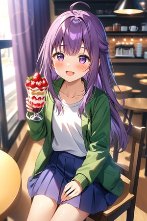 masterpiece, best quality,(1girl), solo,(depth of field),(solo focus),8K,HDR,(ultra high res),(highres),(full body),(perfect lighting),(lens flare),smiles,blush,(KJOANKO),(ahoge),(bangs),(purple hair),(long hair),(purple eyes),(green jacket),(open jacket),(white shirt),(collarbone),(blue skirt),(white socks),(purple footwear),(flats),(cafe),indoors,(table),(food on table),(holding spoon),(strawberry parfait),(drink),(modern cafe),(led lights),curtains,(sitting on chair)