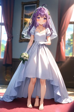 masterpiece, best quality,(1girl), solo,(depth of field),(solo focus),8K,HDR,(ultra high res),(highres),(full body),(lens flare),smiles,blush,(closed mouth), (KJOANKO),(ahoge),(bangs),(purple hair),(long hair),(purple eyes),(collarbone),(hair ornament),(wedding dress), (white dress),(puffy short sleeves),(frilled dress),(white shirt),(skirt), ((white gloves),(lace-trimmed gloves)),(elbow gloves), necklace,jewelry,(barefoot),(toenail polish), indoors,standing,room, window, curtains, carpet,veil,(holding bouquet),