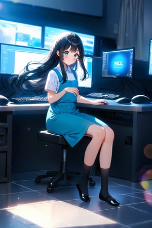 masterpiece, best quality,(1girls), solo,(depth of field),(solo focus),8K,HDR,(ultra high res),(highres),(full body),(perfect lighting),(lens flare),smiles,blush,(nice hands), (perfect hands),(black hair), (long hair),(aqua eyes),(floating hair), sidelocks,(malaysian secondary school uniform),(schoollogo),(school's logo on right side (pinafore dress)),(aqua blue skirt),(blue pinafore),(collared shirt),(white shirt),(short sleeves),(black footwear),(ballet flats),(black socks),(white apron),(indoors),(sitting),(computer),(
computer keyboard),(computer mouse),(looking at screen),(lcd monitor),school,(computer lab),(tiles floor),window,curtains,(on chair)