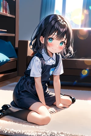 masterpiece, best quality,(1girl), solo,(depth of field),(solo focus),8K,HDR,(ultra high res),(highres),(full body),(lens flare),smiles,blush,(closed mouth),(black hair), (medium hair),(aqua eyes),(floating hair), sidelocks,(malaysian secondary school uniform),(schoollogo),(school's logo on right side (pinafore dress)),(black skirt),(black pinafore),(collared shirt),(white shirt),(short sleeves),(black socks),(black footwear),(mary janes),(sitting),(loli),(child),(indoors),(living room),shelf,curtain,carpet,windows,couch,