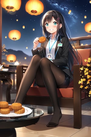 masterpiece, best quality,(1girl), solo,(depth of field),(solo focus),8K,HDR,(ultra high res),(highres),(full body),(full body),(lens flare),smiles,blush,(nice hands), (black hair),(long hair), bangs,(aqua eyes),(hairclip),(id card),(strap),(black jacket),(open jacket),(white shirt),(collared shirt),(black skirt),(pencil skirt),(black pantyhose),(no shoes),(unworn high heels),(mid-autumn festival),(sky lantern),(sitting),(on chair),(armchair),(balcony),(((brown mooncake),food)on plate),(holding mooncake),(maple leaf),(teacup),(teapot),(sanbou),(tsukimi dango),((glass table),(round table)),(gold osmanthus),(yellow flower),(night sky),(star \(sky\)),(full moon),(culture),china,(tile floor),