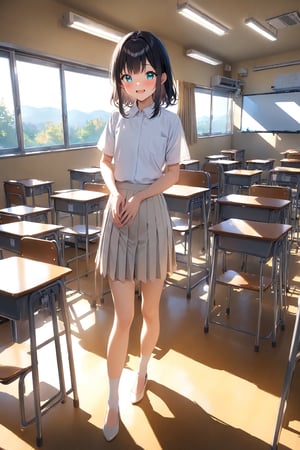 masterpiece, best quality,(1girl), solo,(depth of field),(solo focus),8K,HDR,(ultra high res),(highres),(full body),(perfect lighting),(lens flare),smiles,blush,(black hair), (medium hair),(aqua eyes), sidelocks,(collared shirt),((double pocket) of (white shirt)),(white buttons),(white skirt),(short sleeves),(white socks),(white footwear),(flats),(indoors),(classroom),(standing),(kyoushitsu),(school chair), (school desk), (whiteboard),(window),(ceiling light),curtains,tree,(air conditioners),