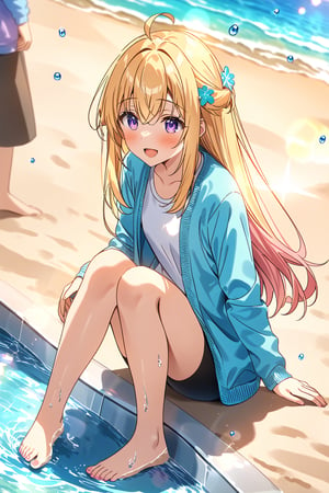 masterpiece, best quality,(1girl), solo,(depth of field),(solo focus),8K,HDR,(ultra high res),(highres),(full body),(lens flare),smiles,blush,ctiank0shi,ahoge (blonde hair),bangs,(long hair),(purple eyes),(hair ornament),(aqua blue cardigan), (open cardigan),(long sleeves),(white shirt),(pink skirt),(casual dress),(barefoot),(toenail polish),(ballet flats),(sitting),(outdoors),beach,ocean,sands,beach,morning,bokeh,(soaking feet),splashing,(water drop),