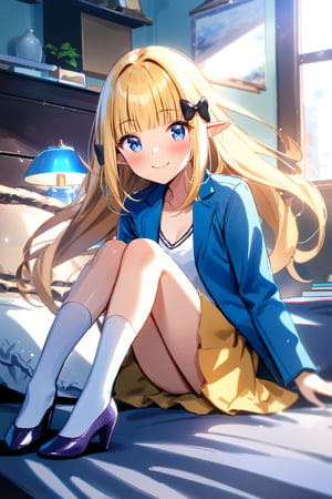 masterpiece, best quality,(1girl), solo,(depth of field),(solo focus),8K,HDR,(ultra high res),(highres),(full body),(lens flare),smiles,blush,(closed mouth),(sarenastrum),(blonde hair), (blue eyes), (long hair), (floating hair),(pointy ears), ((hair bows),(black bows)),(blunt bangs), (medium breasts),(blue jacket),(open jacket),(white shirt),(yellow skirt),(white socks),(light purple footwear),(high heels),(indoors),(messy room),(shinshitsu),(pillow),(lamp),(bed), (scenery), 