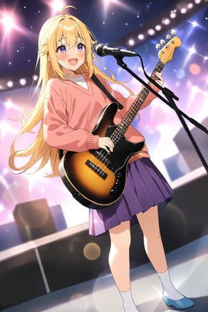 masterpiece, best quality,(1girl), solo,(depth of field),(solo focus),8K,HDR,(ultra high res),(highres),(full body),(lens flare),smiles,blush,ctiank0shi,ahoge (blonde hair),bangs,(long hair),(purple eyes),(pink cardigan),(open cardigan),(red shirt),(long sleeves),(purple skirt),(white socks),(blue footwear),(flats),(outdoors),(holding bass guitar),(dutch angle),(microphone stand),music, singing,(stage lights),(star (sky)),(standing),audience