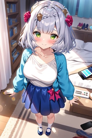 masterpiece, best quality,(1girl), solo,(depth of field),(solo focus),8K,HDR,(ultra high res),(highres),(full body),(lens flare),smiles,blush,(closed mouth),(noelle \(genshin impact\)),(green eyes),(blunt bangs),(grey hair),(braided bangs),(crown braid),(medium breasts),(medium hair),(red roses hair ornament),(gold nails),(alternate costume),(aqua blue jacket), (open jacket),(long sleeves),(white shirt),(blue skirt),(collarbone),(white socks),(blue footwear),(mary janes),(standing),(indoors),(messy room),(shelf),(curtains),(carpet),(bed),(window),(holding phone),