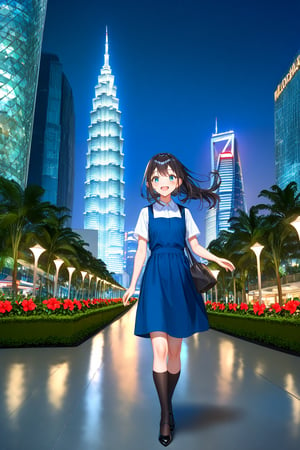 masterpiece, best quality,(1girl), solo,(depth of field),(solo focus),8K,HDR,(ultra high res),(highres),(full body),(lens flare),smiles,blush,(black hair), (long hair),(aqua eyes),(floating hair), sidelocks,(malaysian secondary school uniform),(schoollogo),(school's logo on right side (pinafore dress)),(aqua blue skirt),(blue pinafore),(collared shirt),(white shirt),(short sleeves),(black socks),(black footwear),(ballet flats),(standing),(outdoors),(cityspace),(holding hand bag),(lamppost),(building),urban,(petronas twin tower),(Longhouse),(national airport tower),KLCC,(Kuala Lumpur countryside),(Kuala Lumper Tower),Malaysia,(blue sky),landmarks,night,firework,(Hibiscus rosa-sinensis),flower,street