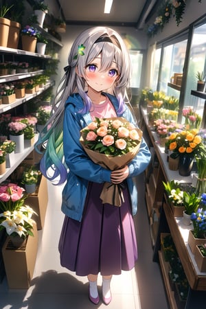 masterpiece, best quality,(1girl), solo,(depth of field),(solo focus),8K,HDR,(ultra high res),(highres),(full body),(lens flare),smiles,blush,(closed mouth),Firefly,(parted bangs),(purple eyes),(grey hair),(gradient hair),(hair intakes),(long hair),(black hairband),(leaf hair ornament),(black ribbon),(hair between eyes),(blue jacket),(pink shirt),(purple skirt),(white socks),(pink footwear),(flats),(standing),(indoors),curtains,(flower shop),(shop),(holding bouquet),florist,(loaded interior),(potted plant),(flower),vase,wreath,