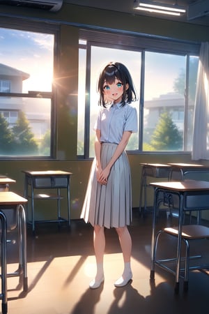 masterpiece, best quality,(1girl), solo,(depth of field),(solo focus),8K,HDR,(ultra high res),(highres),(full body),(perfect lighting),(lens flare),smiles,blush,(black hair), (medium hair),(aqua eyes), sidelocks,(collared shirt),((double pocket) of (white shirt)),(white buttons),(white skirt),(short sleeves),(white socks),(white footwear),(flats),(indoors),(classroom),(standing),(kyoushitsu),(school chair), (school desk), (whiteboard),(window),(ceiling light),curtains,tree,(air conditioners),