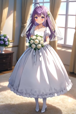 masterpiece, best quality,(1girl), solo,(depth of field),(solo focus),8K,HDR,(ultra high res),(highres),(full body),(lens flare),smiles,blush,(closed mouth), (KJOANKO),(ahoge),(bangs),(purple hair),(long hair),(purple eyes),(collarbone),(hair ornament),(wedding dress), (white dress),(puffy short sleeves),(frilled dress),(white shirt),(skirt), ((white gloves),(lace-trimmed gloves)),(elbow gloves), necklace,jewelry,(white legwear),(white footwear),(high heels), indoors,standing,room, window, curtains, carpet,veil,(holding bouquet),