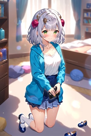 masterpiece, best quality,(1girl), solo,(depth of field),(solo focus),8K,HDR,(ultra high res),(highres),(full body),(lens flare),smiles,blush,(closed mouth),(noelle \(genshin impact\)),(green eyes),(blunt bangs),(grey hair),(braided bangs),(crown braid),(medium breasts),(medium hair),(red roses hair ornament),(gold nails),(alternate costume),(aqua blue jacket), (open jacket),(long sleeves),(white shirt),(blue skirt),(collarbone),(white socks),(blue footwear),(mary janes),(indoors),(messy room),(shelf),(curtains),(carpet),(bed),(window),(holding phone),