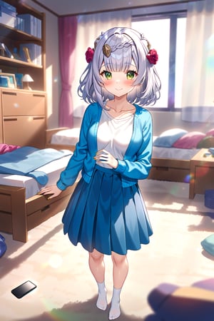 masterpiece, best quality,(1girl), solo,(depth of field),(solo focus),8K,HDR,(ultra high res),(highres),(full body),(lens flare),smiles,blush,(closed mouth),(noelle \(genshin impact\)),(green eyes),(blunt bangs),(grey hair),(braided bangs),(crown braid),(medium breasts),(medium hair),(red roses hair ornament),(gold nails),(alternate costume),(aqua blue jacket), (open jacket),(long sleeves),(white shirt),(blue skirt),(collarbone),(white socks),(no shoes),(standing),(indoors),(messy room),(shelf),(curtains),(carpet),(bed),(window),(holding phone),