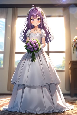 masterpiece, best quality,(1girl), solo,(depth of field),(solo focus),8K,HDR,(ultra high res),(highres),(full body),(lens flare),smiles,blush,(closed mouth), (KJOANKO),(ahoge),(bangs),(purple hair),(long hair),(purple eyes),(collarbone),(hair ornament),(wedding dress), (white dress),(puffy short sleeves),(frilled dress),(white shirt),(skirt), ((white gloves),(lace-trimmed gloves)),(elbow gloves), necklace,jewelry,(white legwear),(no shoes), indoors,standing,room, window, curtains, carpet,veil,(holding bouquet),