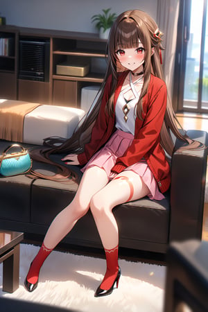 masterpiece, best quality,(1girl), solo,(depth of field),(solo focus),8K,HDR,(ultra high res),(highres),(full body),(lens flare),smiles,blush,(lingsha),(blunt bangs),(brown hair),(very long hair),(red eyes),sidelocks,(hair ornament),(jewelry),(halterneck),(red cardigan),(open cardigan),(white shirt),(collarbone),(pink skirt),(red socks),(black footwear),(high heels),(leg tattoo),(handbag),indoors,(living room),(shelf),(air condition),(modern room),(curtain),carpet,(sitting on couch),