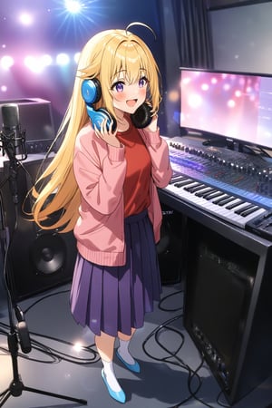 masterpiece, best quality,(1girl), solo,(depth of field),(solo focus),8K,HDR,(ultra high res),(highres),(full body),(lens flare),smiles,blush,ctiank0shi,ahoge (blonde hair),bangs,(long hair),(purple eyes),(pink cardigan),(open cardigan),(red shirt),(long sleeves),(purple skirt),(white socks),(blue footwear),(flats),(indoors),(amplifier),(cable),(computer keyboard),(pop filter),(contemporary),(music stand),(holding headphones),(headphones),(instrument),(music),(microphone stand),(singing),(speaker),(stage lights),(studio),(studio microphone )