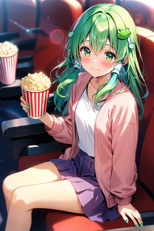 masterpiece, best quality,(1girl), solo,(depth of field),(solo focus),8K,HDR,(ultra high res),(highres),(full body),(lens flare),smiles,blush,(closed mouth),(kochiya sanae), bangs, (long hair),(green hair),(green eyes),(hair between eyes),(frog hair ornament),(snake hair ornament),(hair tubes),(aqua cardigan),(open cardigan),(pink shirt),(purple skirt),(barefoot),(toenail polish),(green nails),(sitting),indoors, cinema,(holding food),(popcorn),(disposable cup),(drink),(movie theater),(theater seating),