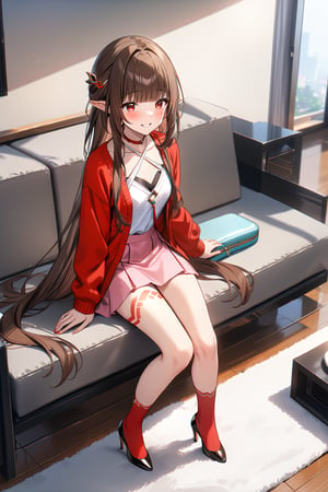 masterpiece, best quality,(1girl), solo,(depth of field),(solo focus),8K,HDR,(ultra high res),(highres),(full body),(lens flare),smiles,blush,(lingsha),(blunt bangs),(brown hair),(very long hair),(red eyes),(pointy ears ),sidelocks,(hair ornament),(jewelry),(halterneck),(red cardigan),(open cardigan),(white shirt),(collarbone),(pink skirt),(red socks),(black footwear),(high heels),(leg tattoo),(handbag),indoors,(living room),(shelf),(air condition),(modern room),(curtain),carpet,(sitting on couch),