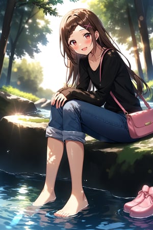 masterpiece, best quality,(1girl),(solo),(full body),(perfect lighting),(lens flare),smiles,blush,(nice hands), (perfect hands),(open mouth),(aobakokona),(brown hair),(red eyes),(very long hair),(braided bangs),(forehead),(parted bangs),(hairclip),(x hair ornament),collarbone,(pink dress),(black shirt),(sleeves past wrists),(sleeveless dress),(frilled dress),(long sleeves),(capri pants),(blue pants ),barefoot,toenail,(pink footwear removed),(unworn sneakers),(unworn socks),(sitting),outdoors,(looking at viewer),denim,(pants rolled up),(soaking feet),(dappled sunlight),handbag,rock,day, leaf, (shoulder bag),(hand between legs), wading, water,stream, (dutch angle),river,sunbeam,tree,branch