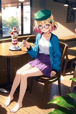 source_anime,masterpiece, best quality,(1girl), solo,(depth of field),(solo focus),8K,HDR,(ultra high res),(highres),(full body),(perfect lighting),(lens flare),smiles,blush,(em1lie),((blonde hair),(pink hair)(multicolored hair)),(two-tone hair),(pink eyes),(green hat),(hair ornament),(black-framed eyewear),(blue jacket),(open jacket),(white shirt),(collarbone),(purple skirt),(barefoot),(toenails),(cafe),indoors,(table),(food on table),(holding spoon),(strawberry parfait),(drink),(modern cafe),(led lights),curtains,(sitting on chair)