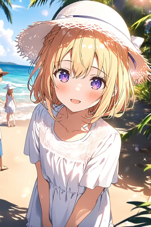 masterpiece, best quality,(1girl), solo,(depth of field),(solo focus),8K,HDR,(ultra high res),(highres),(full body),(lens flare),smiles,blush,ctiank0shi,ahoge (blonde hair),bangs,(long hair),(purple eyes),(hair ornament),(white headwear),(hat bow),(sun hat),(white dress),(short sleeves),(collarbone),(necklace),(white footwear),(sandals),(toenail polish),(standing),(outdoors),beach,ocean,sands,beach,morning,bokeh,