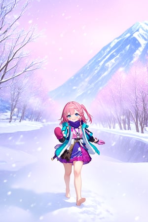 masterpiece, best quality,(1girl), solo,(depth of field),(solo focus),8K,HDR,(ultra high res),(highres),(full body),(full body),smiles,blush,asta \(honkai: star rail\),(pink hair),(medium hair),((one side up)),(blue eyes),(hairclip),(blue scarf),(plaid scarf),(pink gloves),(mittens),(earmuffs),(aqua jacket),(open jacket),(pink shirt),(purple skirt),(barefoot),(toenail polishs),outdoors,(walking),(snowing),(snow),(snowflakes),(on ground),winter,(tree),mountain,river