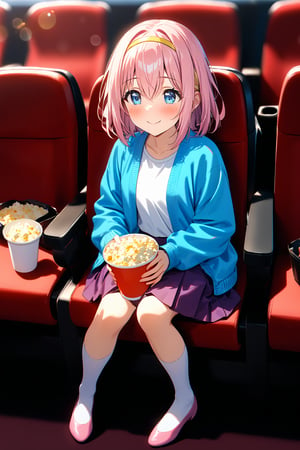 masterpiece, best quality,(1girl), solo,(depth of field),(solo focus),8K,HDR,(ultra high res),(highres),(full body),(lens flare),smiles,blush,(closed mouth),( yuipcrbase),bangs,(pink hair), (blue eyes), (medium hair), (hair between eyes),(yellow hairband),(hair ornament),(blue cardigan),(open cardigan),(white shirt),(collarbine),(purple skirt),(long sleeves),(white socks),(pink footwear),(ballet flats),(sitting),indoors, cinema,(holding food),(popcorn),(disposable cup),(drink),(movie theater),(theater seating),