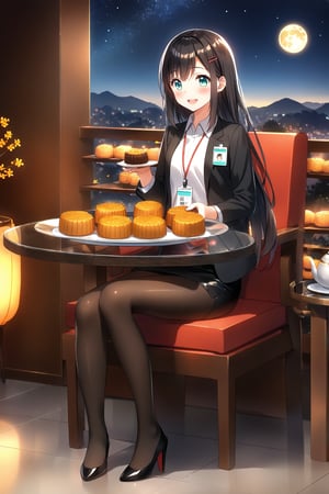 masterpiece, best quality,(1girl), solo,(depth of field),(solo focus),8K,HDR,(ultra high res),(highres),(full body),(full body),(lens flare),smiles,blush,(nice hands), (black hair),(long hair), bangs,(aqua eyes),(hairclip),(id card),(strap),(black jacket),(open jacket),(white shirt),(collared shirt),(black skirt),(pencil skirt),(black pantyhose),(black footwear),(high heels),(mid-autumn festival),(sky lantern),(sitting),(on chair),(armchair),(balcony),(((brown mooncake),food)on plate),(holding mooncake),(maple leaf),(teacup),(teapot),(sanbou),(tsukimi dango),((glass table),(round table)),(gold osmanthus),(yellow flower),(night sky),(star \(sky\)),(full moon),(culture),china,(tile floor),