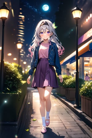 masterpiece, best quality,(1girl), solo,(depth of field),(solo focus),8K,HDR,(ultra high res),(highres),(Exquisite visuals),(narrow waist),(full body),(lens flare),smiles,blush,(nice hands), (perfect hands),((absurdres)),Firefly,(parted bangs),(purple eyes),(grey hair),(gradient hair),(hair intakes),(long hair),(black hairband),(leaf hair ornament),(black ribbon),(hair between eyes),(blue jacket),(pink shirt),(purple skirt),(white socks),(pink footwear),(flats),(digital watch),walking,park,cityscape,river,lamppost,(night sky),(star \(sky\)),(full moon),(culture),