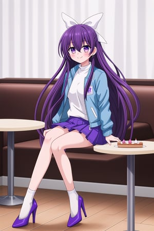 masterpiece, best quality,(1girl), solo,(smiles),blush, (full body),Tohka Yatogami,(hair between eyes),(white bows),(hair bows),(hair ribbon), earrings, (purple eyes), (purple hair),(floating hair),(very long hair),bangs,sidelocks,(purple jacket),(open jacket),(white collar),(white shirt),(blue skirt),(purple footwear),(heels),(white socks),indoors,cafe,(sitting on chair),(cafe),indoors,(table),(eating cake),(bread),(food on table),(birthday cake),(modern cafe),(led lights),curtains,