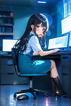 masterpiece, best quality,(1girls), solo,(depth of field),(solo focus),8K,HDR,(ultra high res),(highres),(full body),(perfect lighting),(lens flare),smiles,blush,(nice hands), (perfect hands),(black hair), (long hair),(aqua eyes),(floating hair), sidelocks,(malaysian secondary school uniform),(schoollogo),(school's logo on right side (pinafore dress)),(aqua blue skirt),(blue pinafore),(collared shirt),(white shirt),(short sleeves),(no shoes),(black socks),(white apron),(indoors),(sitting on chair),(computer),(
computer keyboard),(computer mouse),(looking at screen),(lcd monitor),school,(computer lab),(tiles floor),window,curtains,
