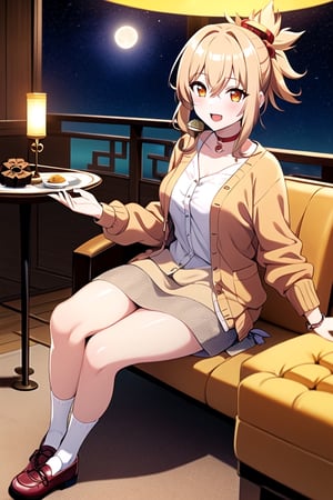 masterpiece, best quality, (beautiful detailed eyes),1girl, solo,(depth of field),(solo focus),8K,(highres),(full body),smiles,blush,yoimiyarnd, (blonde hair), (medium hair), (asymmetrical hair), (floating hair), (hair between eyes), (high ponytail), sidelocks, (fish hair ornament), (tassel), (kanzashi), (orange eyes), open mouth, (red choker), (pendant choker), (butterfly choker), collarbone, (medium breasts), wristband, (orange nails),(red cardigan), (open cardigan),(long sleeves),(collarbone),(white shirt),(pink skirt),(casual dress),(white socks),(orange footwear),(flats),(open mouth),indoors,(red lantern),(mid-autumn festival),(sky lantern),(sitting),(on chair),(armchair),(balcony),(((light brown mooncake),food)on plate),(holding lantern),(maple leaf),(teacup),(teapot),(sanbou),(tsukimi dango),((glass table),(round table)),(gold osmanthus),(yellow flower),(night sky),(star \(sky\)),(full moon),(culture),(carpet),