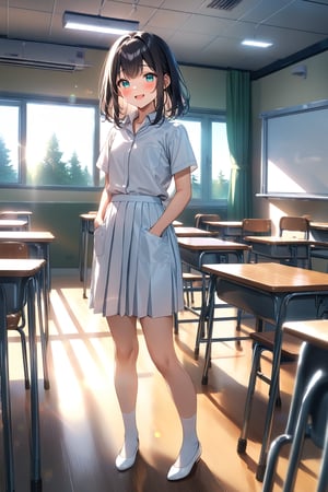 masterpiece, best quality,(1girl), solo,(depth of field),(solo focus),8K,HDR,(ultra high res),(highres),(full body),(perfect lighting),(lens flare),smiles,blush,(black hair), (medium hair),(aqua eyes), sidelocks,(collared shirt),((double pocket) of (white shirt)),(white buttons),(white skirt),(short sleeves),(white socks),(white footwear),(flats),(indoors),(classroom),(standing),(kyoushitsu),(school chair), (school desk), (whiteboard),(window),(ceiling light),curtains,tree,(air conditioners),