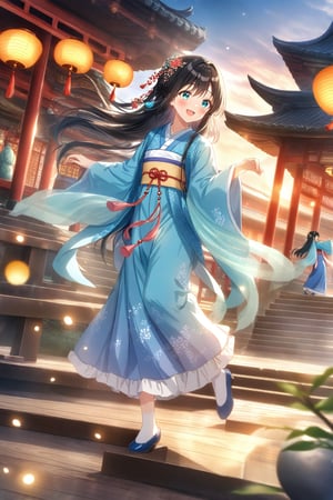 source_anime,masterpiece, best quality,(1girl), solo,(depth of field),(solo focus),8K,HDR,(ultra high res),(highres),(full body),(perfect lighting),(lens flare),smiles,blush,(black hair),(long hair),(aqua eyes),(hair ornament),(hanfu),(ruanyi0758),(shawl),(jewelry),(chinese clothes),(blue dress),(long sleeves),(wide sleeves),(white socks),(ancient chinese socks),(blue footwear),(embroidered flats),scenery,outdoors,(east asian architecture),(dancing),(sky lantern),temple,(wooden floor),landscape,bell,stairs,railing,statue,