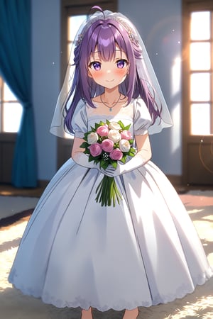 masterpiece, best quality,(1girl), solo,(depth of field),(solo focus),8K,HDR,(ultra high res),(highres),(full body),(lens flare),smiles,blush,(closed mouth), (KJOANKO),(ahoge),(bangs),(purple hair),(long hair),(purple eyes),(collarbone),(hair ornament),(wedding dress), (white dress),(puffy short sleeves),(frilled dress),(white shirt),(skirt), ((white gloves),(lace-trimmed gloves)),(elbow gloves), necklace,jewelry,(barefoot),(toenail polish), indoors,standing,room, window, curtains, carpet,veil,(holding bouquet),