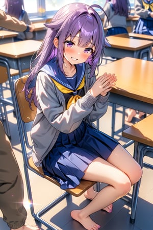 masterpiece, best quality,(1girl), solo,(depth of field),(solo focus),8K,HDR,(ultra high res),(highres),(full body),(full body),(lens flare),smiles,blush,(nice hands),(KJOANKO),(ahoge),(bangs),(purple hair),(long hair),(purple eyes),(hair flaps),(blue sailor collar),(open cardigan),(grey sweater),(yellow neckerchief),(long sleeves),(serafuku),(blue skirt),(barefoot),(toenail polish),(no shoes),(classroom),(sitting on chair),(table),