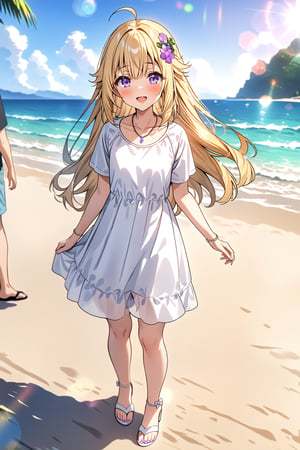 masterpiece, best quality,(1girl), solo,(depth of field),(solo focus),8K,HDR,(ultra high res),(highres),(full body),(lens flare),smiles,blush,ctiank0shi,ahoge (blonde hair),bangs,(long hair),(purple eyes),(hair ornament),(white dress),(short sleeves),(collarbone),(necklace),(white footwear),(sandals),(toenail polish),(standing),(outdoors),beach,ocean,sands,beach,morning,bokeh,