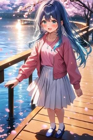 masterpiece, best quality,(2girls), solo,(depth of field),(solo focus),8K,HDR,(ultra high res),(highres),(full body),(lens flare),smile,blush,(kurokawaakane),(aqua eyes),(blue hair), gradient hair),(long hair),(collarbone),(necklace),(blue jacket),(open jacket),(pink shirt),(white skirt),(white socks),(blue footwear),(ballet flats),(outdoors),(standing),(branch),(cherry blossoms),(frame),petals,pier,water,{{CINEMATIC LIGHTING}},{{REALISING TEXTURES}}, ((with daughter)), child, 
