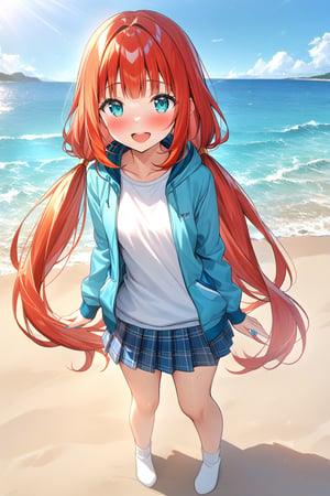 score_9,masterpiece, best quality,(1girl), solo,(depth of field),(solo focus),8K,HDR,(ultra high res),(highres),(full body),(full body),smiles,blush,nilou,(nail polish), (aqua eyes), (very long hair), (low twintails),(aqua blue jacket), (open jacket),(long sleeves),(white shirt),(blue skirt),(casual outfit),(white socks),(no shoes), outdoors,ocean,beach,sand,red hair,