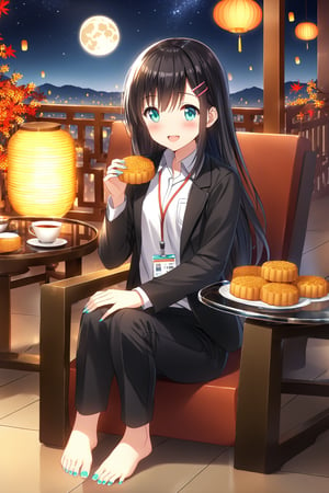 masterpiece, best quality,(1girl), solo,(depth of field),(solo focus),8K,HDR,(ultra high res),(highres),(full body),(full body),(lens flare),smiles,blush,(nice hands), (black hair),(long hair), bangs,(aqua eyes),(hairclip),(id card),(strap),(black jacket),(open jacket),(white shirt),(collared shirt),(black pants),(pencil pants),(barefoot),(toenail polish),(aqua nails),(mid-autumn festival),(sky lantern),(sitting),(on chair),(armchair),(balcony),(((brown mooncake),food)on plate),(holding mooncake),(maple leaf),(teacup),(teapot),(sanbou),(tsukimi dango),((glass table),(round table)),(gold osmanthus),(yellow flower),(night sky),(star \(sky\)),(full moon),(culture),china,(tile floor),