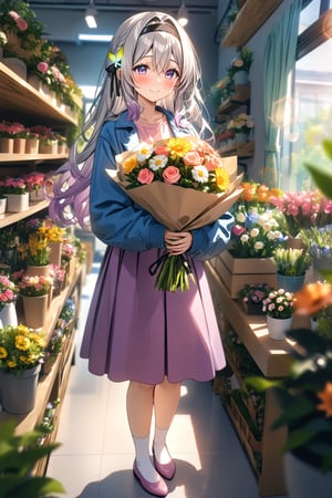 masterpiece, best quality,(1girl), solo,(depth of field),(solo focus),8K,HDR,(ultra high res),(highres),(full body),(lens flare),smiles,blush,(closed mouth),Firefly,(parted bangs),(purple eyes),(grey hair),(gradient hair),(hair intakes),(long hair),(black hairband),(leaf hair ornament),(black ribbon),(hair between eyes),(blue jacket),(pink shirt),(purple skirt),(white socks),(pink footwear),(flats),(standing),(indoors),curtains,(flower shop),(shop),(holding bouquet),florist,(loaded interior),(potted plant),(flower),vase,wreath,