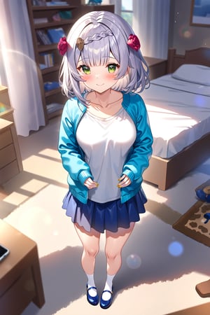 masterpiece, best quality,(1girl), solo,(depth of field),(solo focus),8K,HDR,(ultra high res),(highres),(full body),(lens flare),smiles,blush,(closed mouth),(noelle \(genshin impact\)),(green eyes),(blunt bangs),(grey hair),(braided bangs),(crown braid),(medium breasts),(medium hair),(red roses hair ornament),(gold nails),(alternate costume),(aqua blue jacket), (open jacket),(long sleeves),(white shirt),(blue skirt),(collarbone),(white socks),(blue footwear),(mary janes),(standing),(indoors),(messy room),(shelf),(curtains),(carpet),(bed),(window),(holding phone),