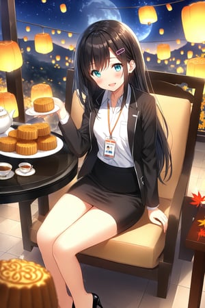 masterpiece, best quality,(1girl), solo,(depth of field),(solo focus),8K,HDR,(ultra high res),(highres),(full body),(full body),(lens flare),smiles,blush,(nice hands), (black hair),(long hair), bangs,(aqua eyes),(hairclip),(id card),(strap),(black jacket),(open jacket),(white shirt),(collared shirt),(black skirt),(pencil skirt),(black footwear),(high heels),(mid-autumn festival),(sky lantern),(sitting),(on chair),(armchair),(balcony),(((brown mooncake),food)on plate),(holding mooncake),(maple leaf),(teacup),(teapot),(sanbou),(tsukimi dango),((glass table),(round table)),(gold osmanthus),(yellow flower),(night sky),(star \(sky\)),(full moon),(culture),china,(tile floor),