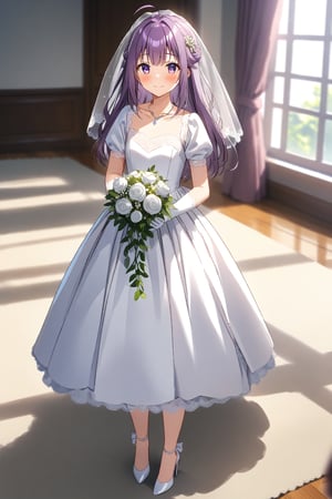 masterpiece, best quality,(1girl), solo,(depth of field),(solo focus),8K,HDR,(ultra high res),(highres),(full body),(lens flare),smiles,blush,(closed mouth), (KJOANKO),(ahoge),(bangs),(purple hair),(long hair),(purple eyes),(collarbone),(hair ornament),(wedding dress), (white dress),(puffy short sleeves),(frilled dress),(white shirt),(skirt), ((white gloves),(lace-trimmed gloves)),(elbow gloves), necklace,jewelry,(white footwear),(high heels), indoors,standing,room, window, curtains, carpet,veil,(holding bouquet),