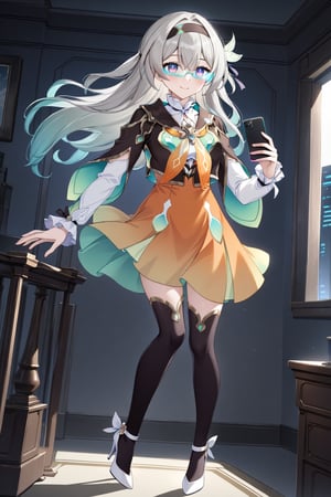 masterpiece, best quality,(1girl), solo,(smiles),blush, (full body),,firefly \(honkai: star rail\),((absurdres)),(floating hair), hairband, (hair ornament), blouse, (frilled collar), (cropped jacket), (yellow neckerchief), (cowboy shot),(orange skirt),(gradient skirt),(black thighhighs),(white footwear),(high heels),indoors,(standing),(room),(safety glasses),(holding smartphone),(modern glasses),(cyberpunk glasses),(led glasses),